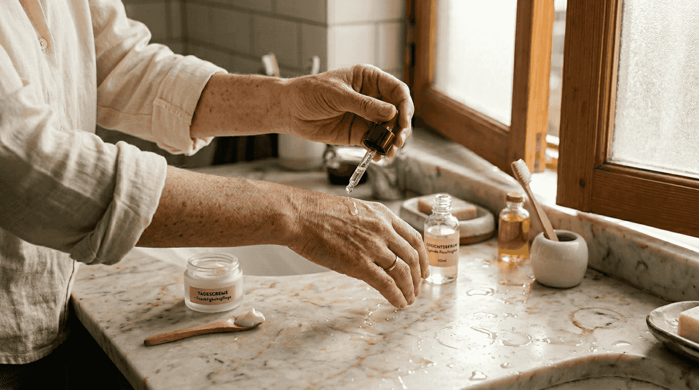 Einige Tropfen AHA-Serum mit der Pipette auf den Handrücken geben und sanft einmassieren.