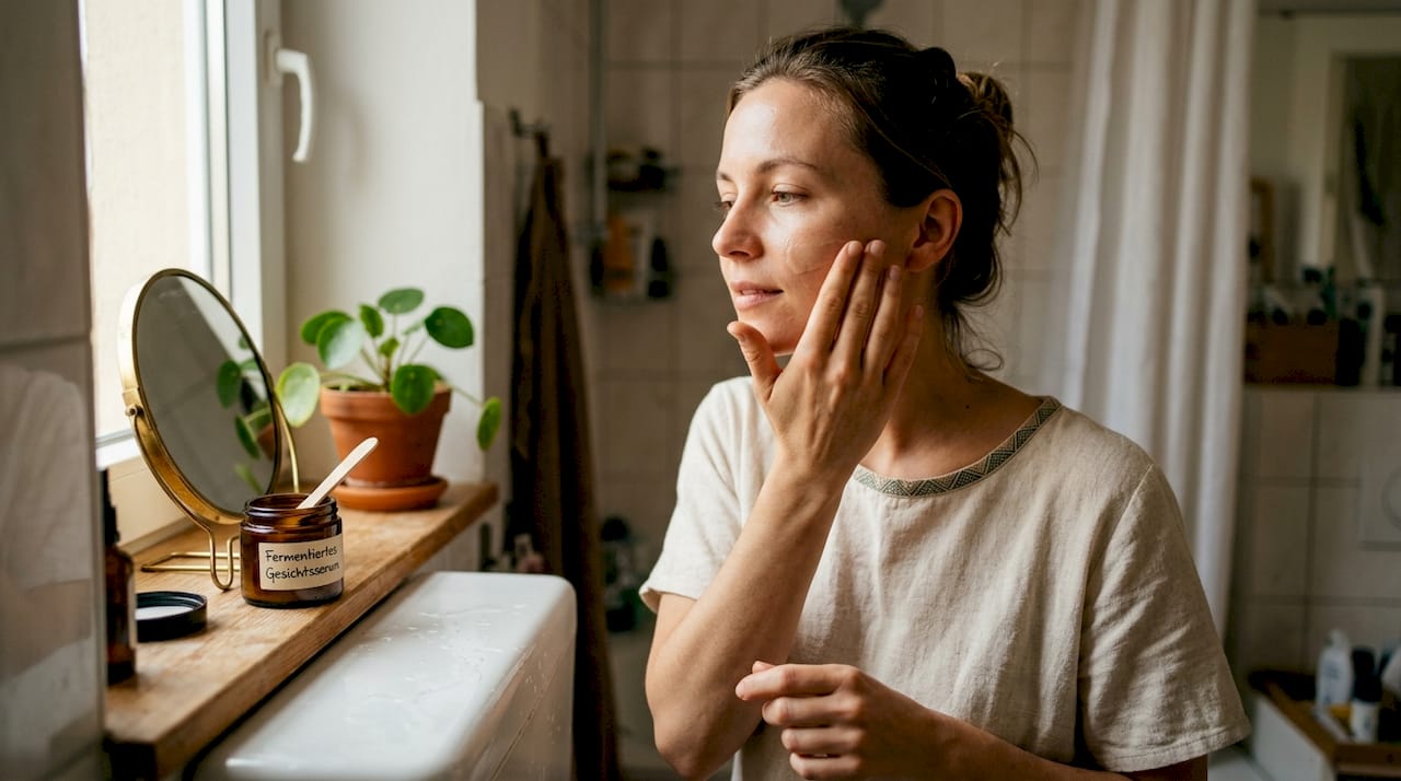 Una donna usa un'essenza fermentata a casa per la sua cura della pelle.