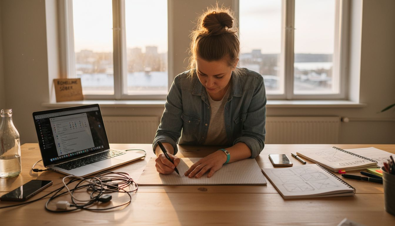 User experience designer sketching new website layouts in the office.