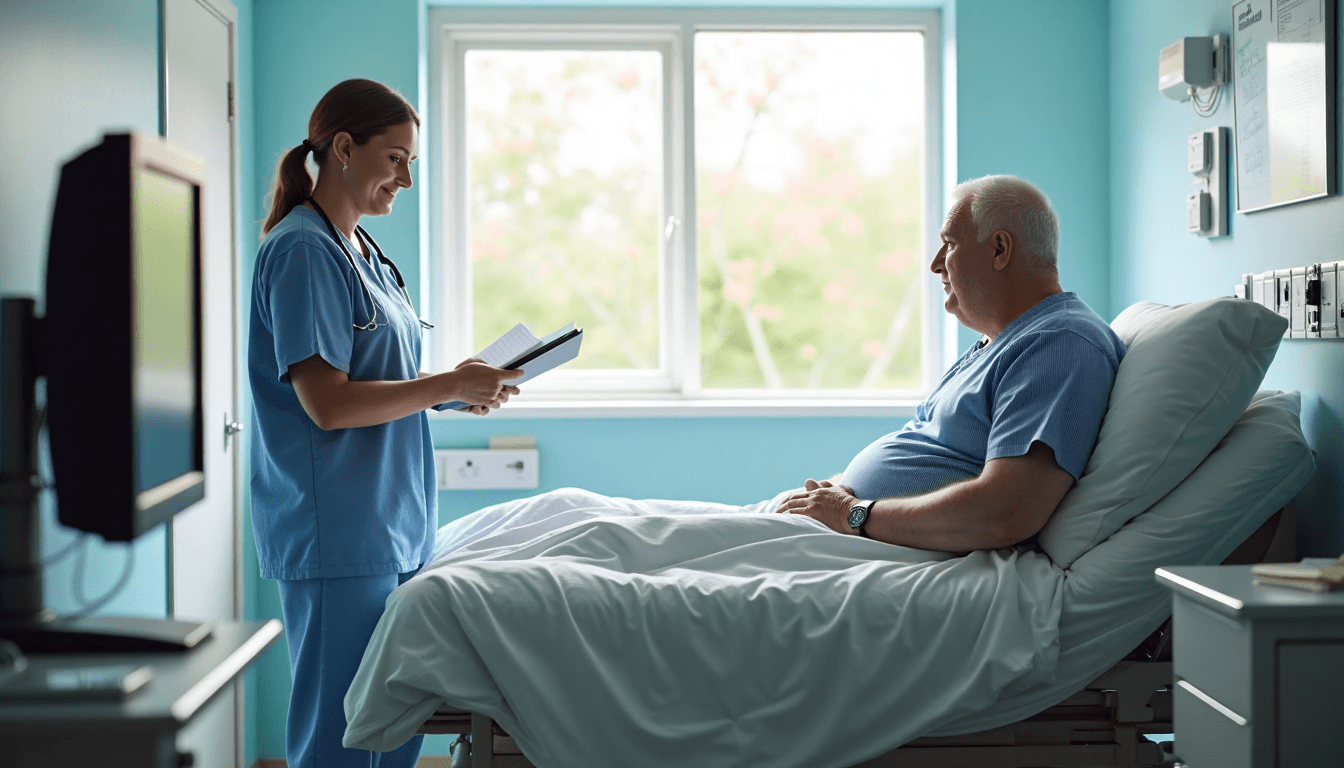 Nurse assisting bariatric patient in modern hospital bed