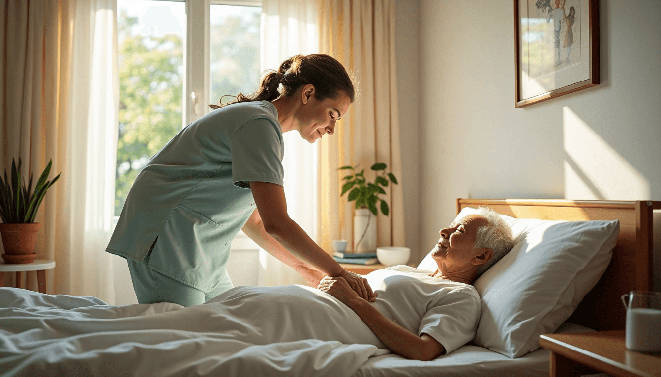 Caregiver assisting elderly patient on comfortable medical mattress