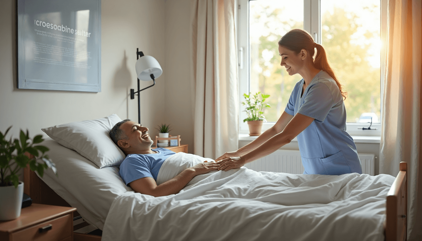 Sunlit home hospital room with patient, caregiver, and mattress