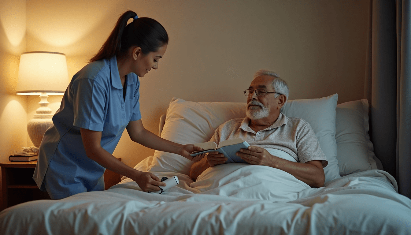 Caregiver using hand crank on hospital bed in cozy home bedroom