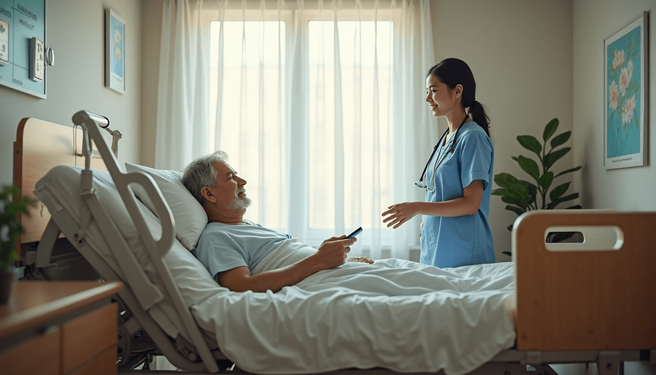 Patient adjusting semi electric hospital bed in sunlit homelike setting