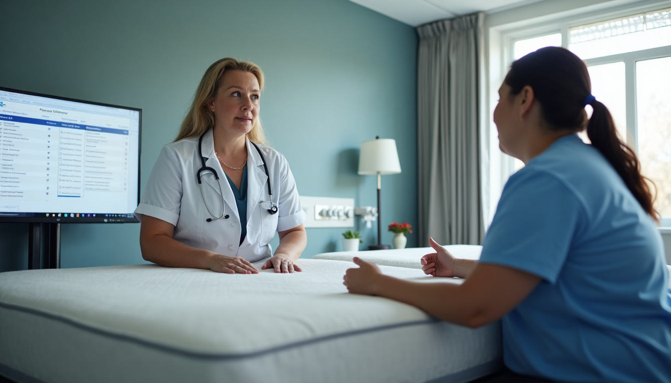 Healthcare professional and patient review bariatric mattress options with 'Patient Comfort' monitor