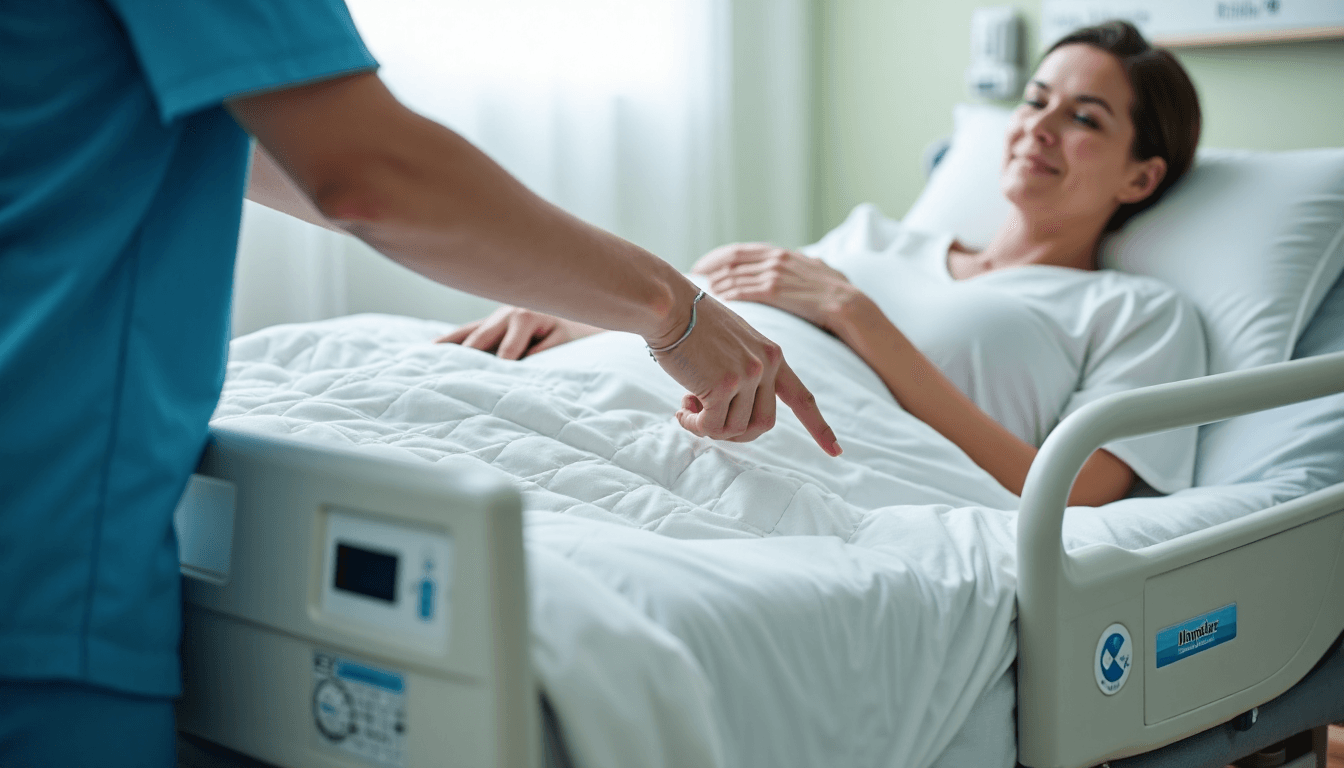 Nurse adjusts pressure management on bariatric mattress for patient