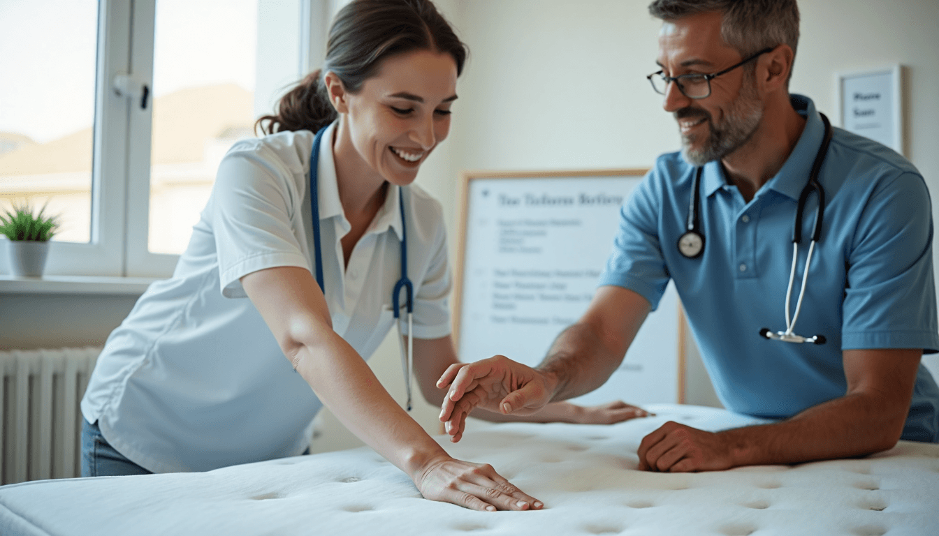 Physical therapist demonstrates mattress ergonomic zones to patient