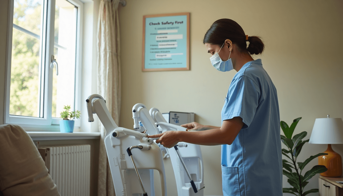 Caregiver inspecting patient lift with safety checklist in home setting