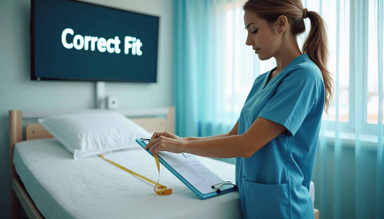 Healthcare professional measures hospital mattress ensuring correct fit