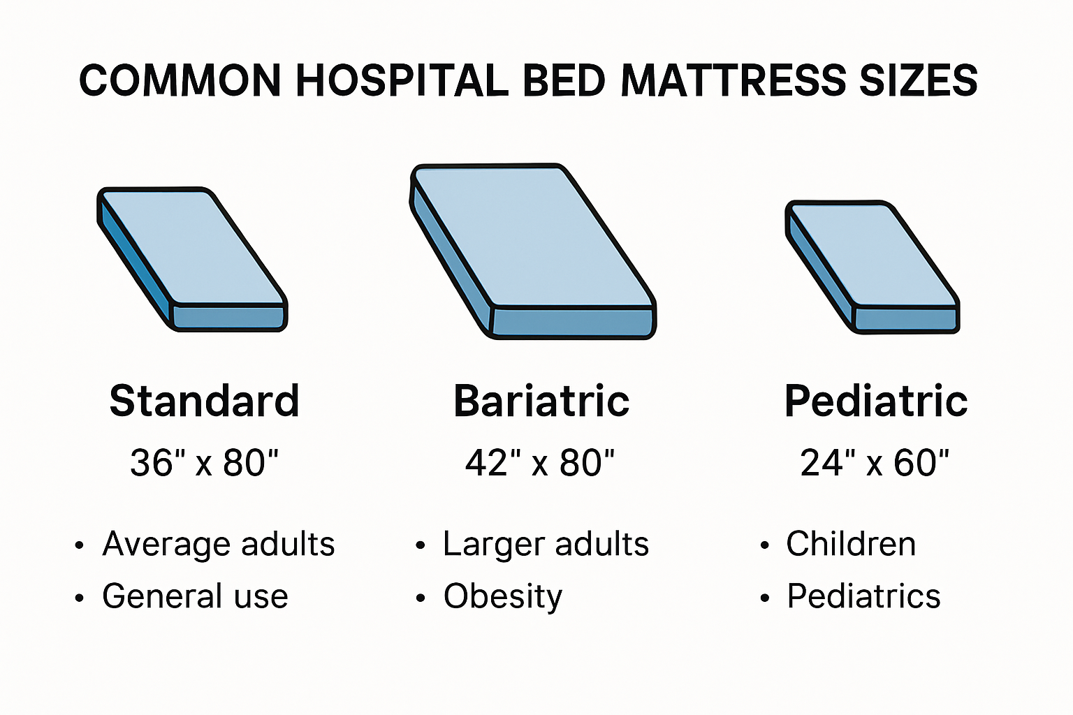 Comparison chart of hospital bed mattress sizes and patient types