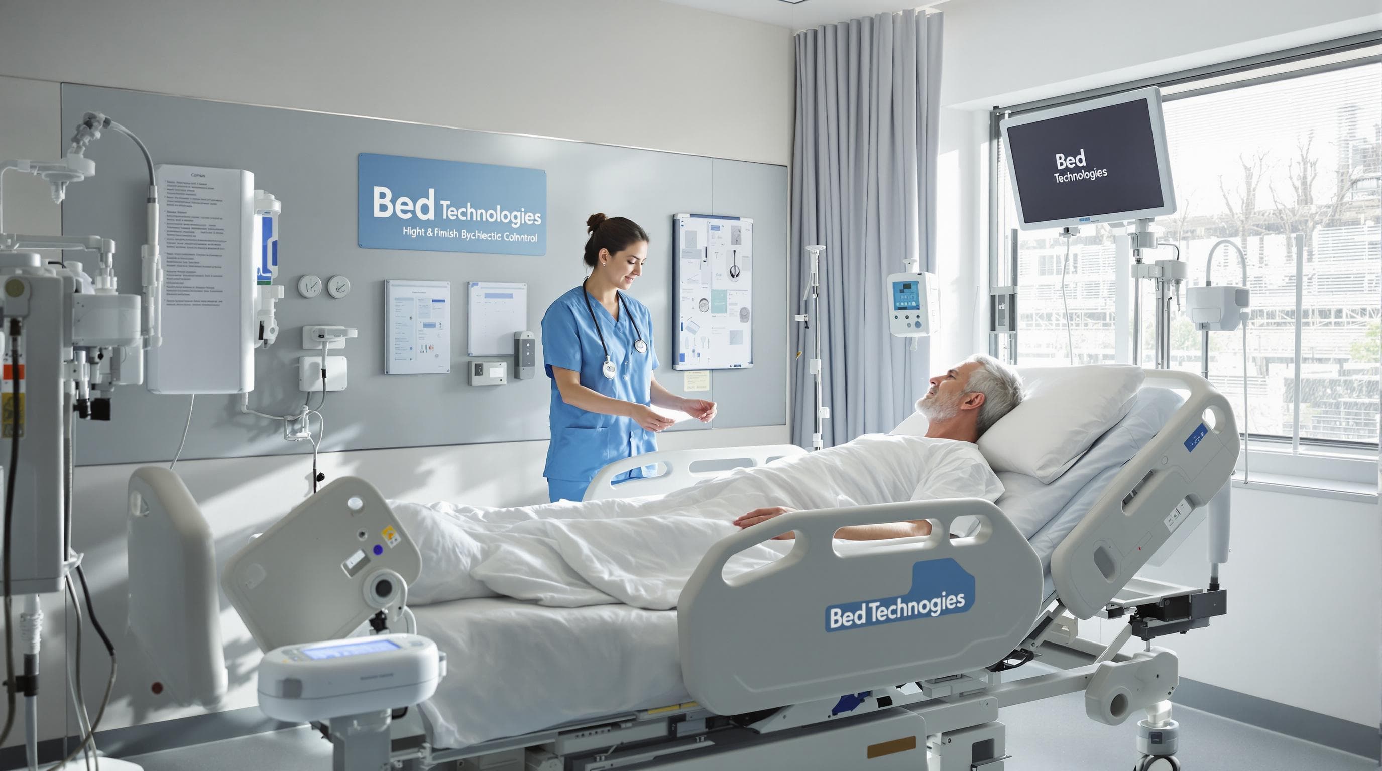 Nurse demonstrating electric hospital bed with patient present