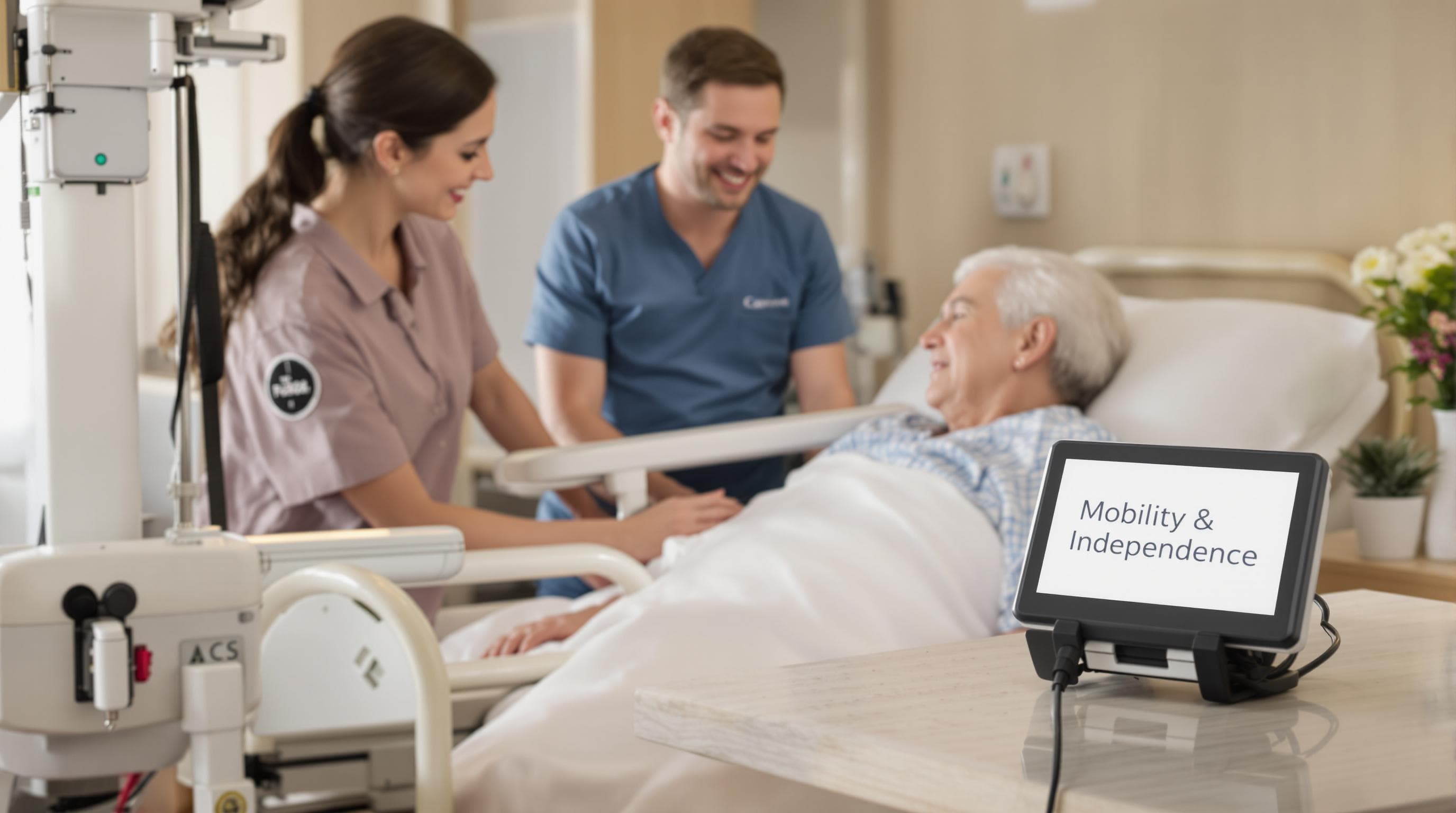 Patient transferred from bed to wheelchair with hoist, highlighting independence