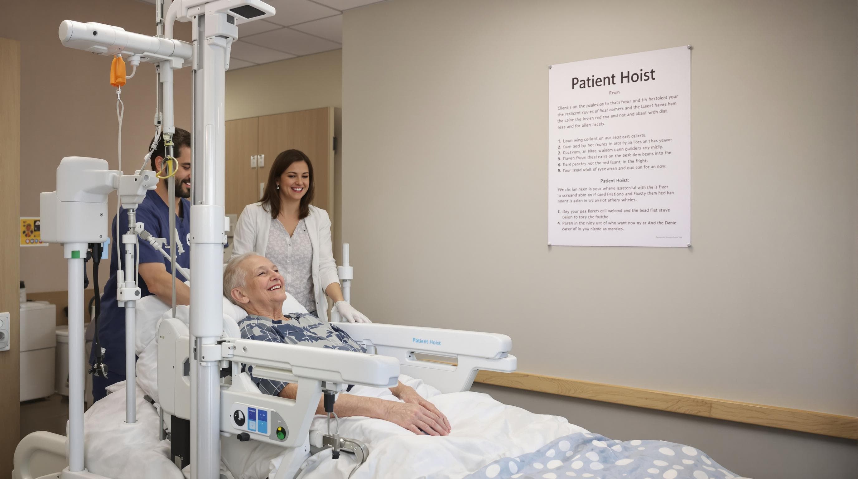 Caregiver using patient hoist to lift patient from bed to wheelchair, family nearby