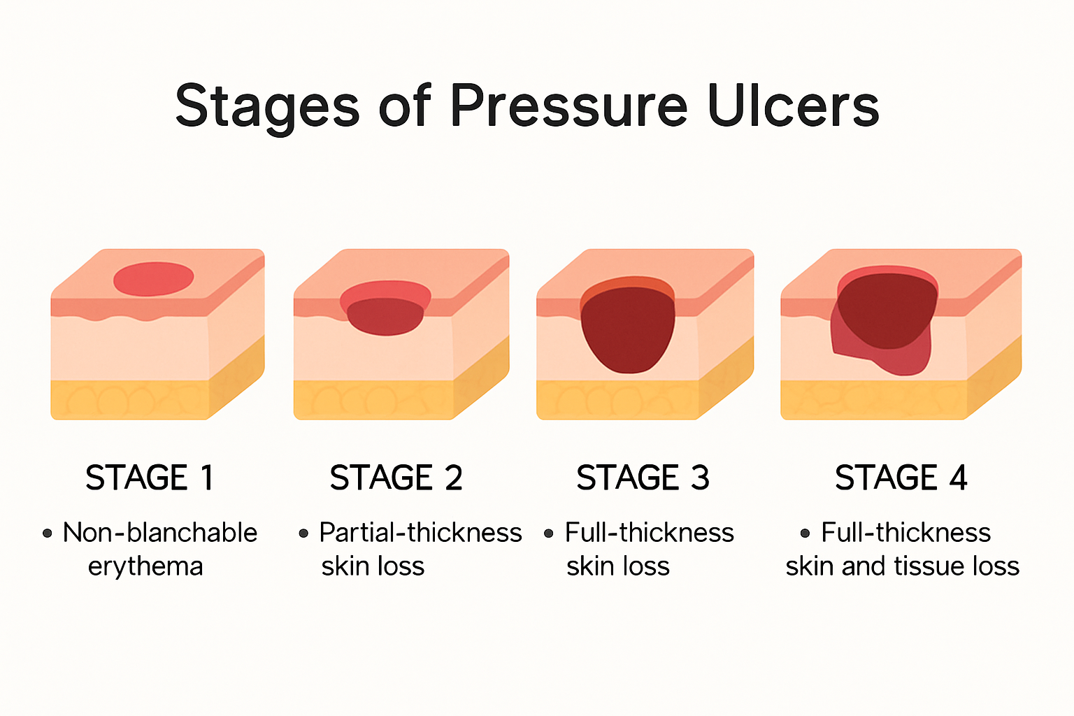 Infographic showing the four stages of pressure ulcers progression