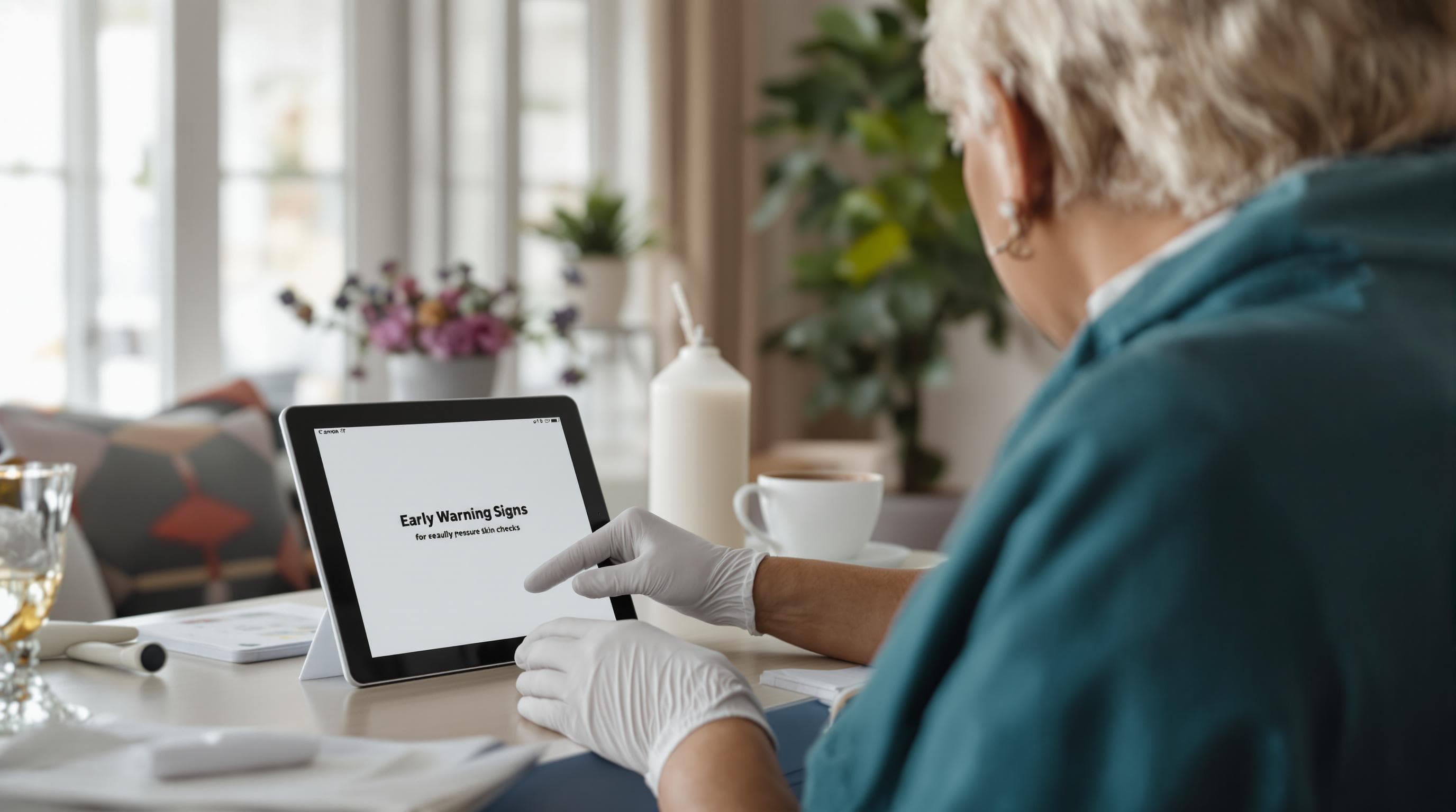 Caregiver checks senior's skin at home and documents early warning signs on tablet