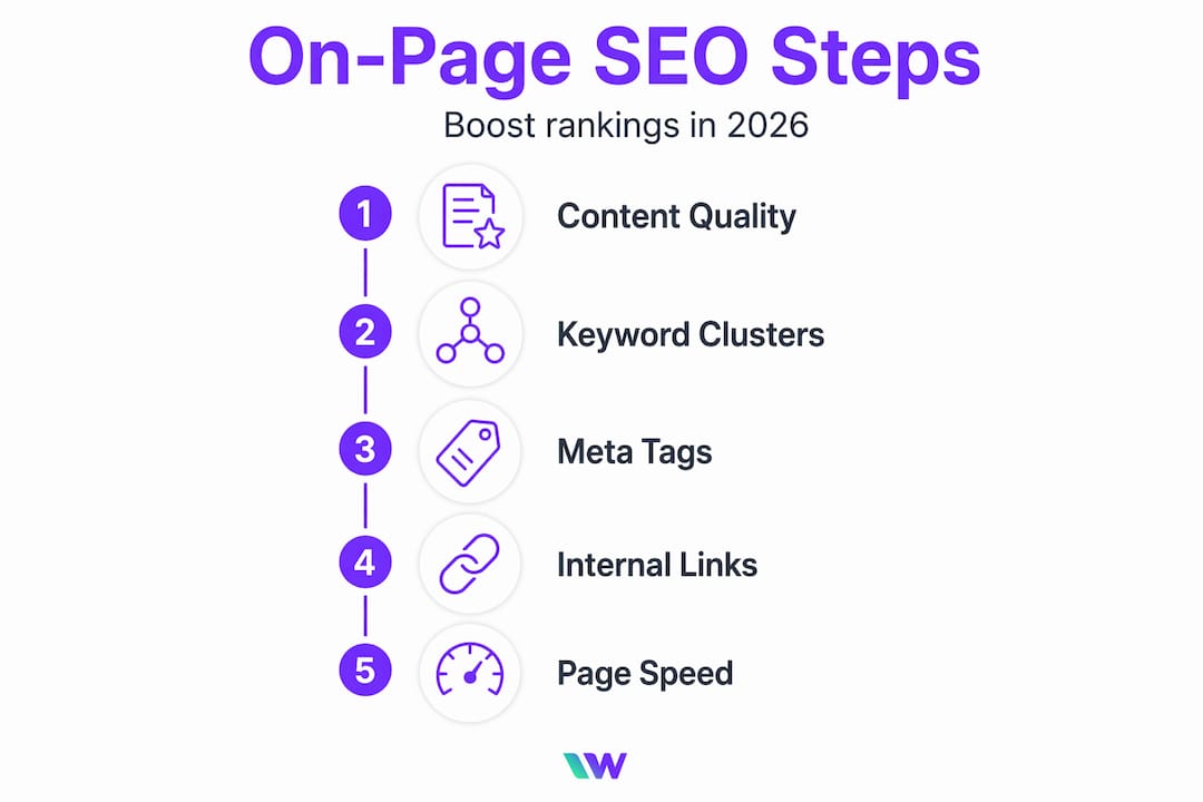 Infographic showing five on-page SEO steps