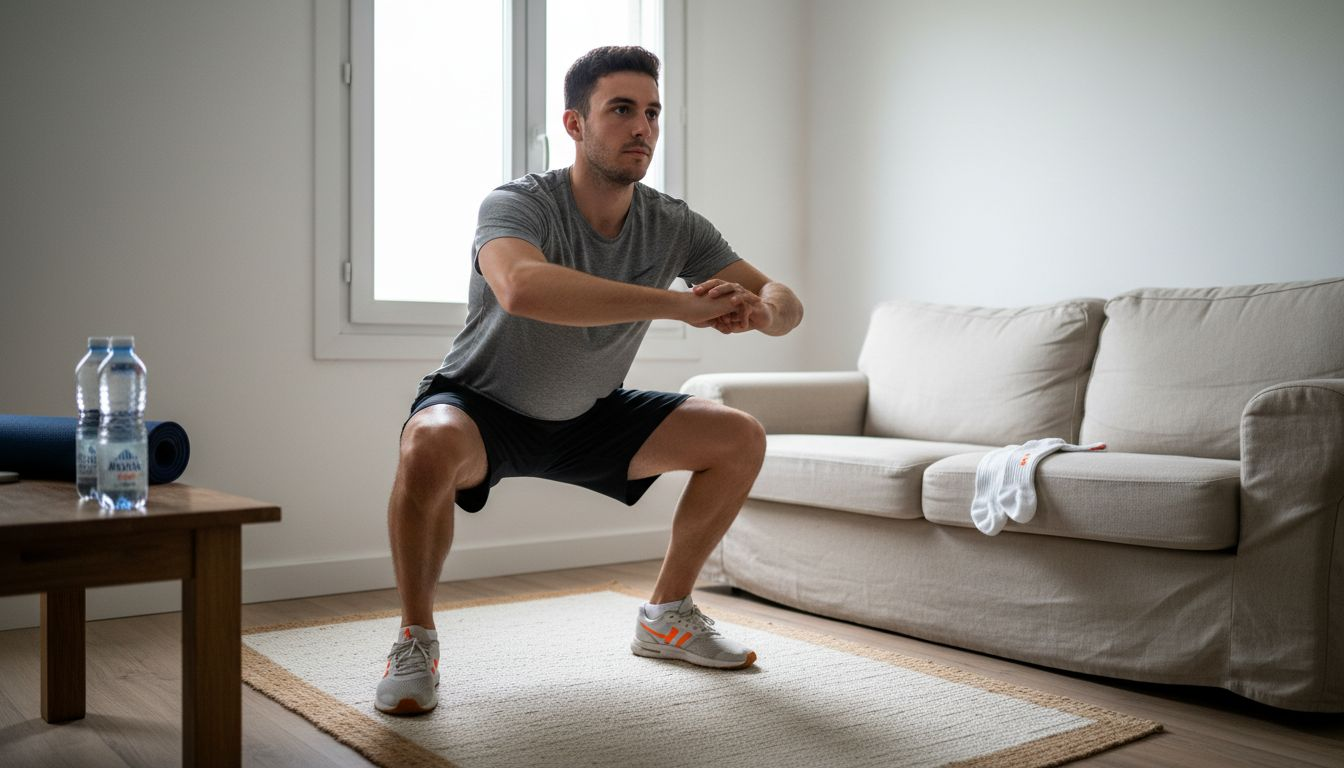 Hombre entrenando con ejercicios de calistenia en su casa