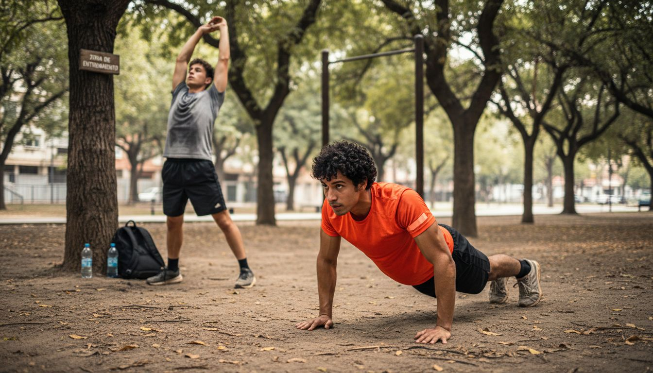 Gente practicando calistenia al aire libre en el parque.