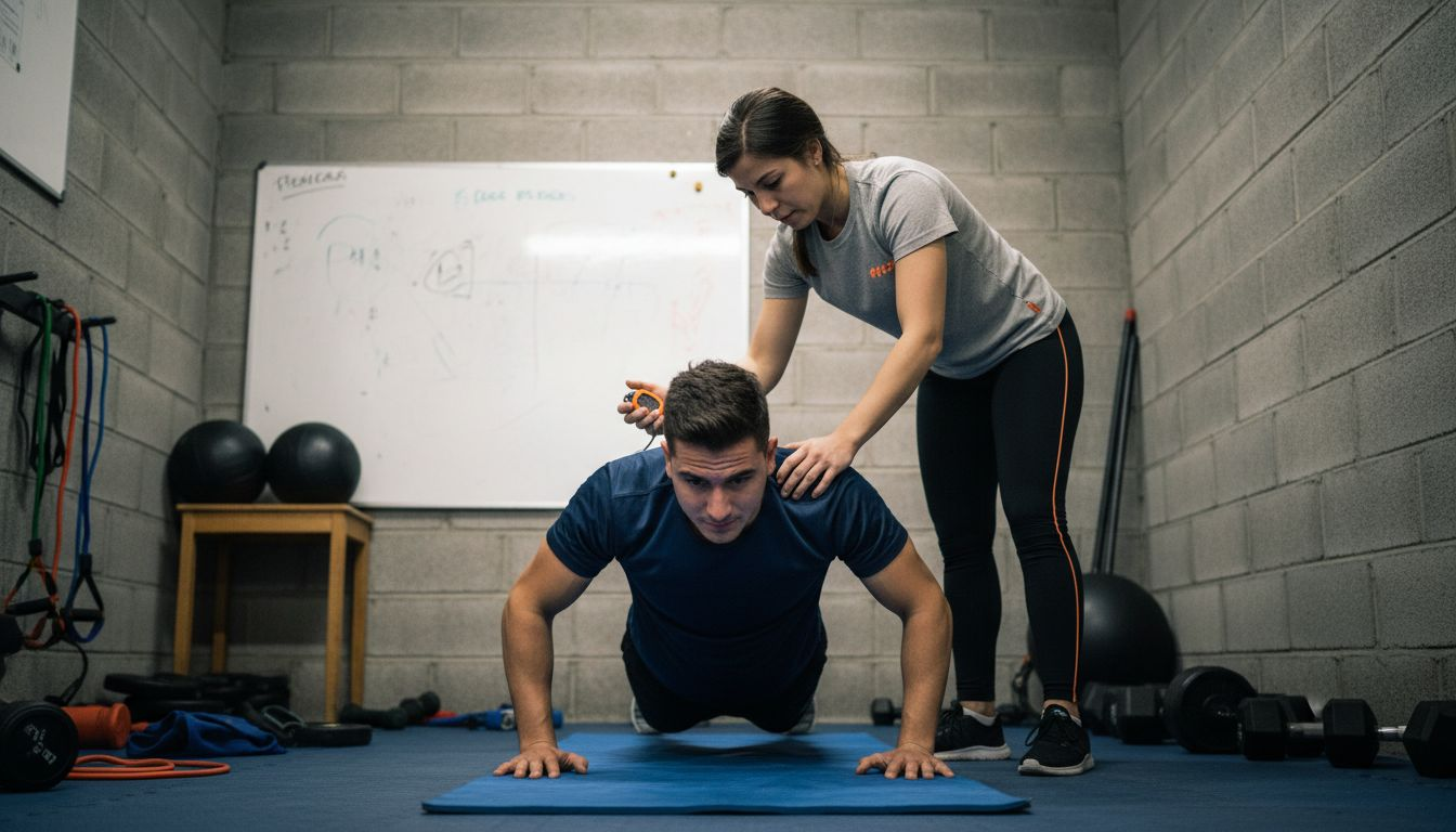 Instructora ayudando a los alumnos a mejorar su postura durante la clase de calistenia