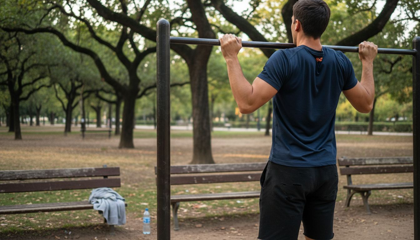 Chico haciendo ejercicio de calistenia en un parque de Madrid