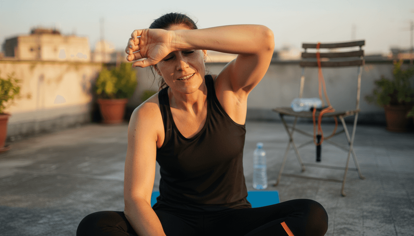 Mujer recuperando el aliento después de entrenar calistenia