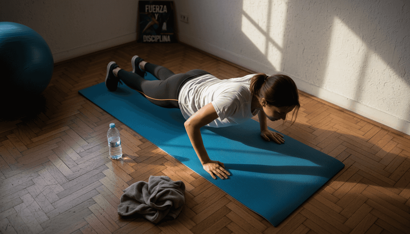 Mujer entrenando con flexiones para ganar fuerza y funcionalidad
