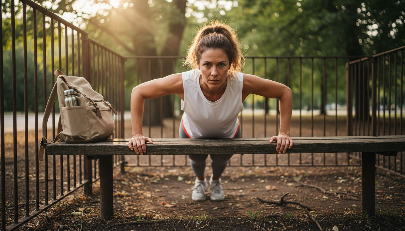 Mujer entrenando al aire libre con flexiones inclinadas