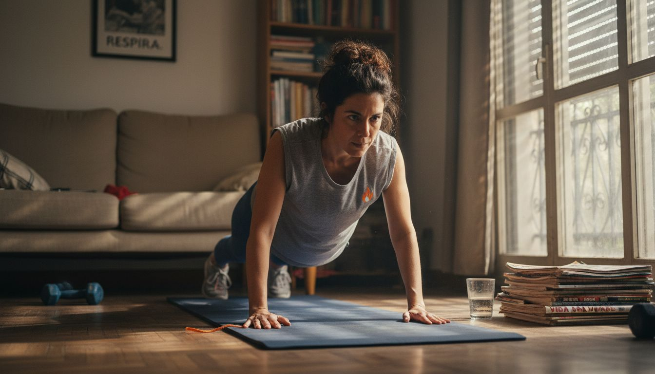 Mujer haciendo flexiones sobre una esterilla en casa