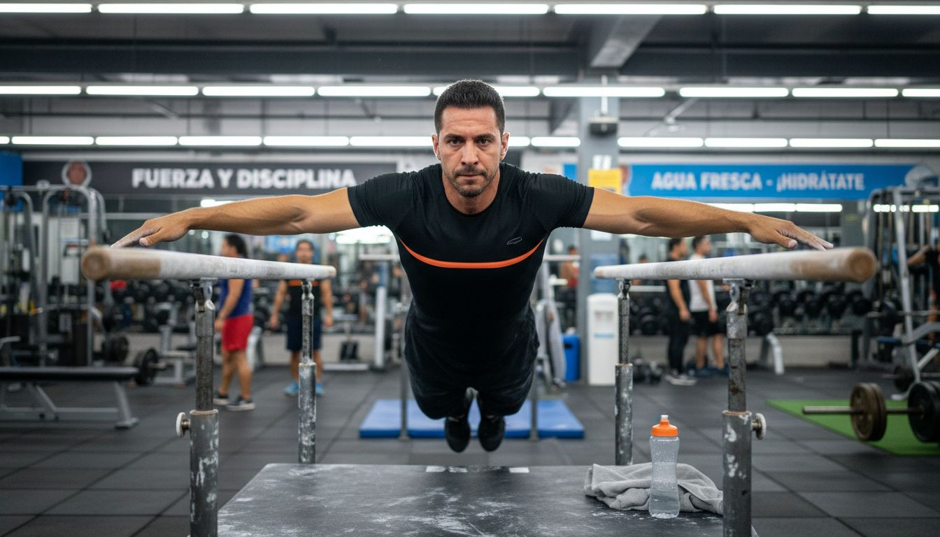 Hombre sosteniéndose en las paralelas