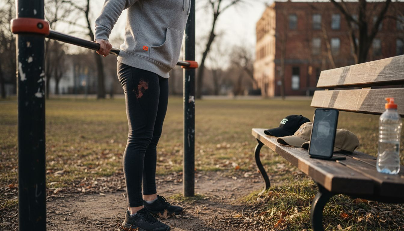 Mujer revisando la barra de dominadas en un parque al aire libre