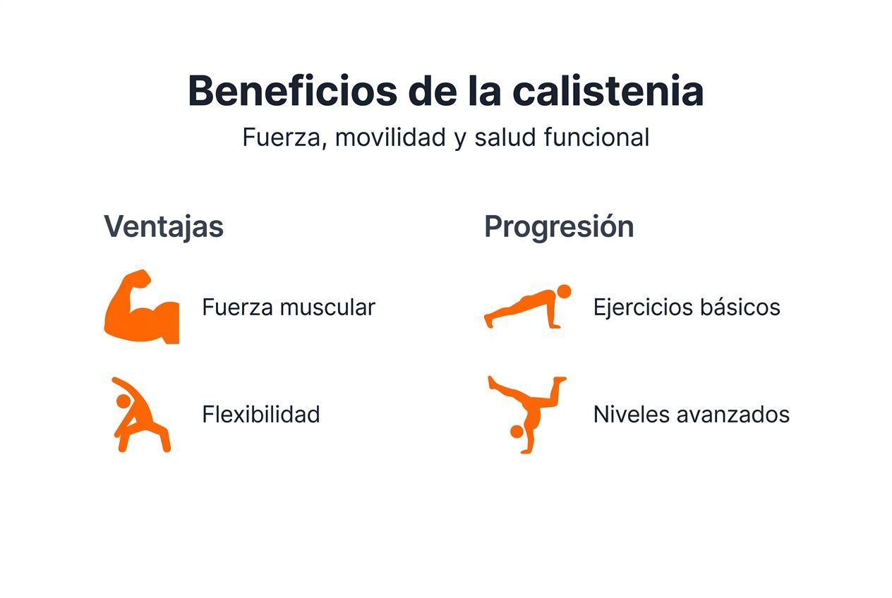 Infografía sobre los beneficios de la calistenia y cómo avanzar en esta disciplina