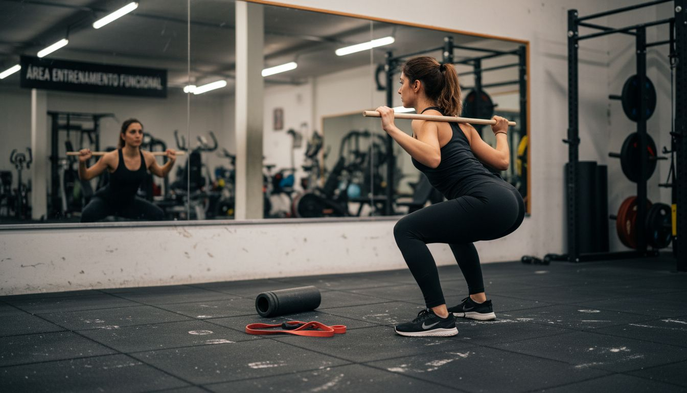 Una mujer revisa su postura al hacer sentadillas en el gimnasio utilizando una barra para asegurarse de que el movimiento sea correcto.