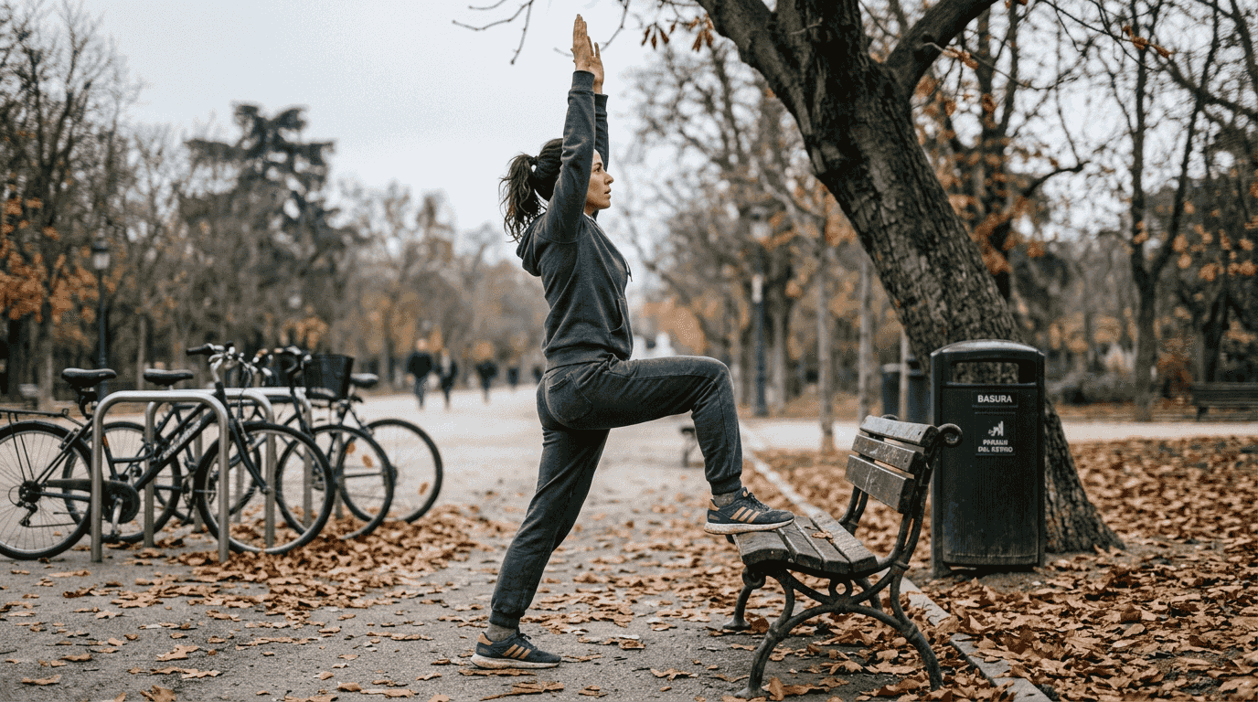 Una mujer realiza ejercicios de estiramiento activo al aire libre, aprovechando el ambiente del parque para mantenerse en forma.