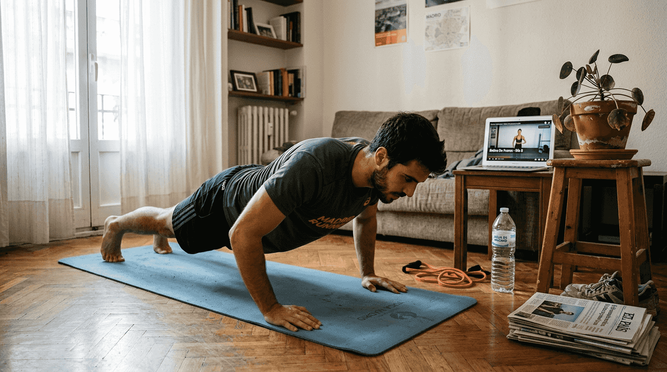 Hombre entrenando con ejercicios de calistenia en su piso de Madrid