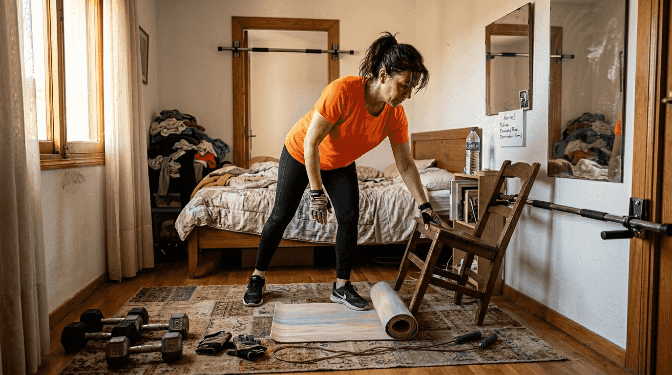 Mujer organizando un espacio en casa para hacer ejercicios de calistenia