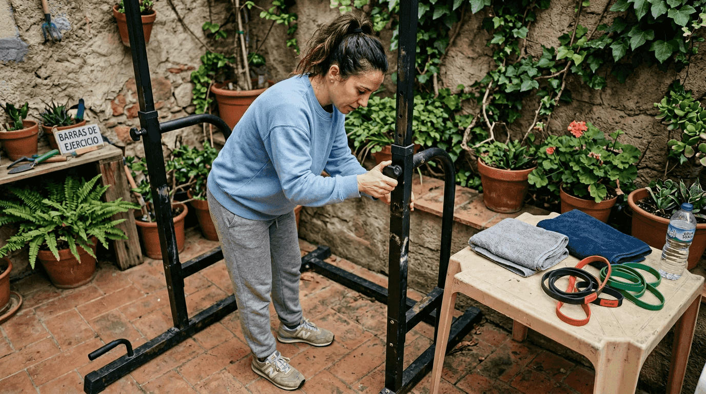 Mujer alistando la barra para su rutina de calistenia avanzada