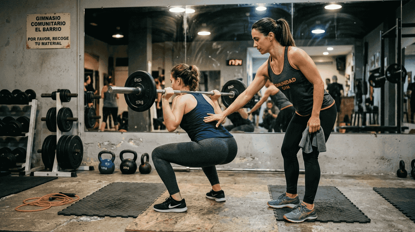Entrenadora explicando cómo realizar una sentadilla con la técnica adecuada