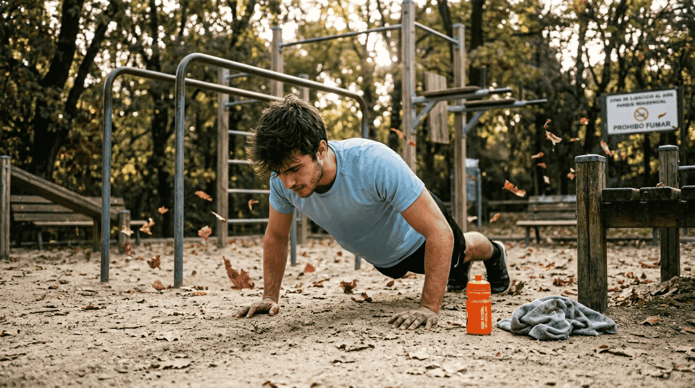 Un chico joven empieza a hacer flexiones en el parque