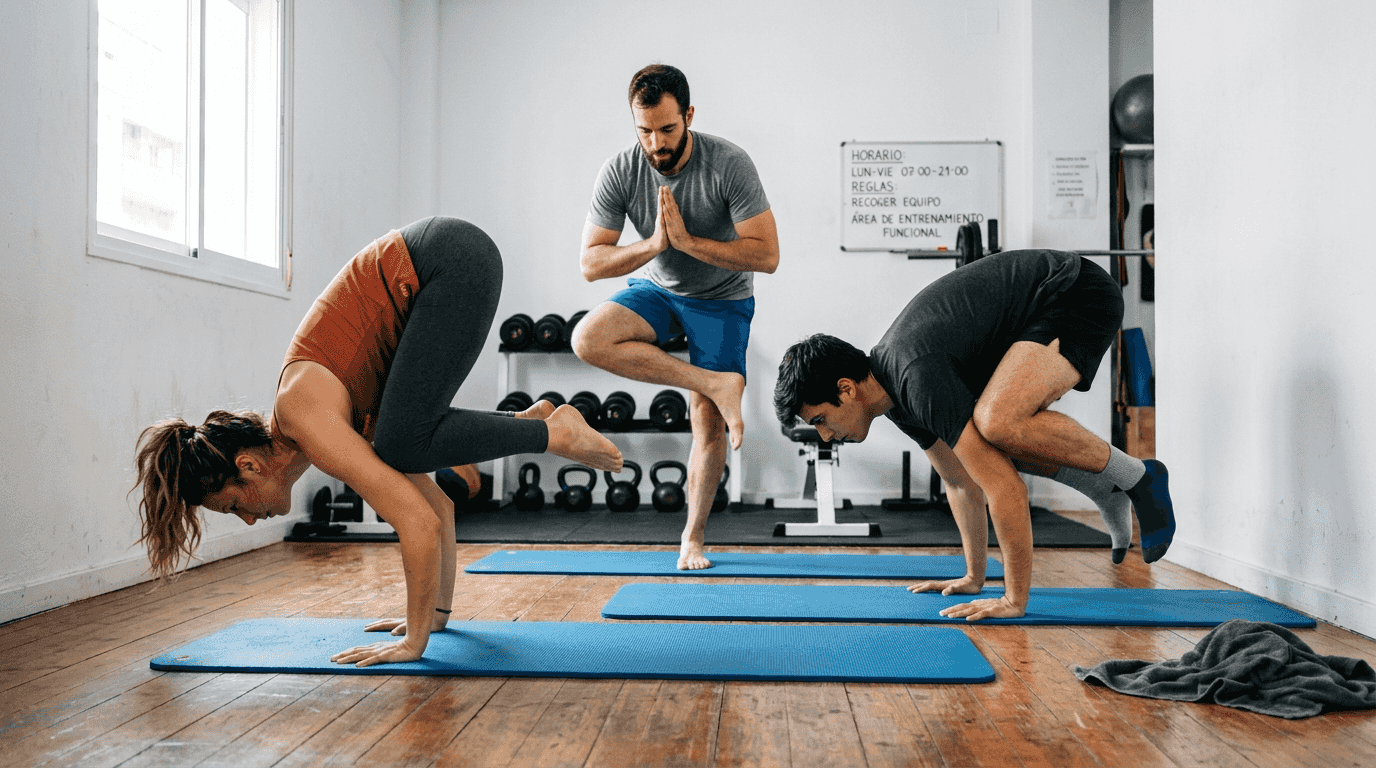 Un grupo de personas se reúne para hacer yoga y calistenia en un gimnasio pequeño.