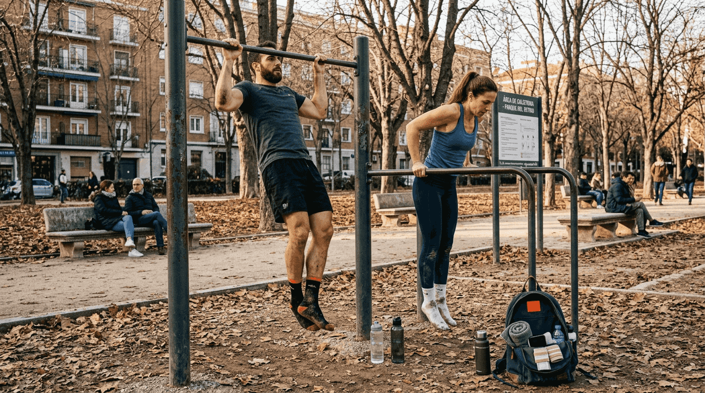 Rutina de calistenia al aire libre en uno de los parques de Madrid