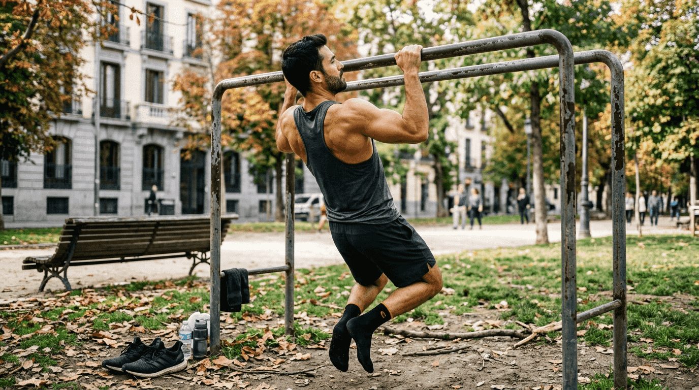 Un hombre se ejercita haciendo dominadas en las barras del parque de calistenia.