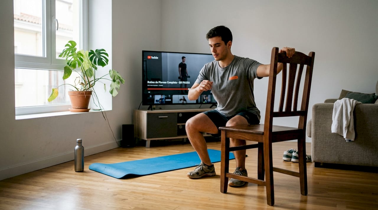 Un hombre hace sentadillas sobre una esterilla en el salón de su casa.