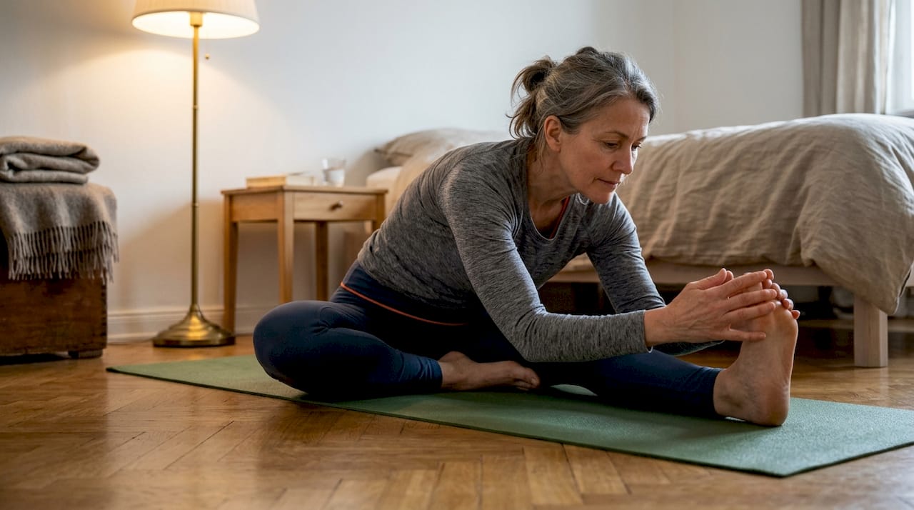 Señora mayor haciendo yoga en su habitación