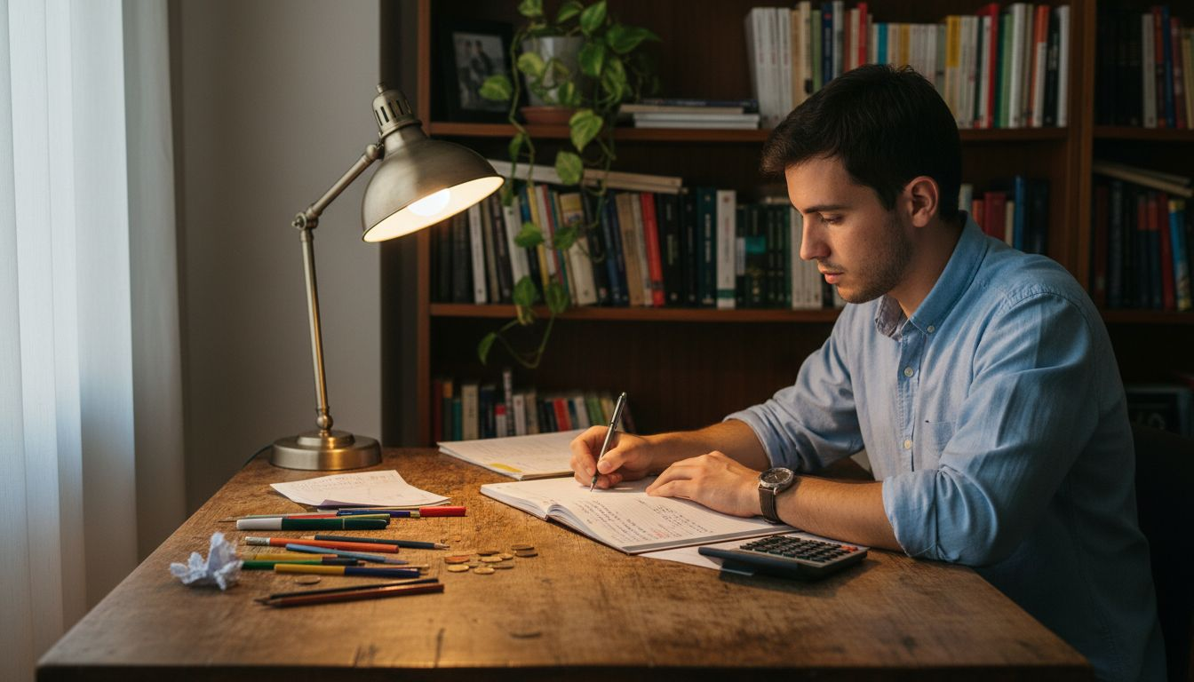 Hombre revisando sus apuntes para hacer ajustes en su presupuesto