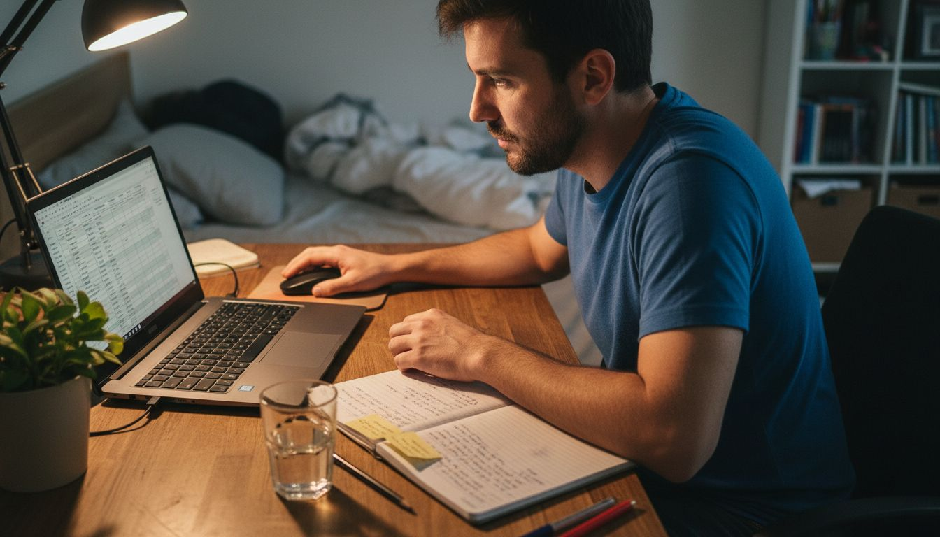 Un joven revisa sus gastos sentado en su escritorio en casa.