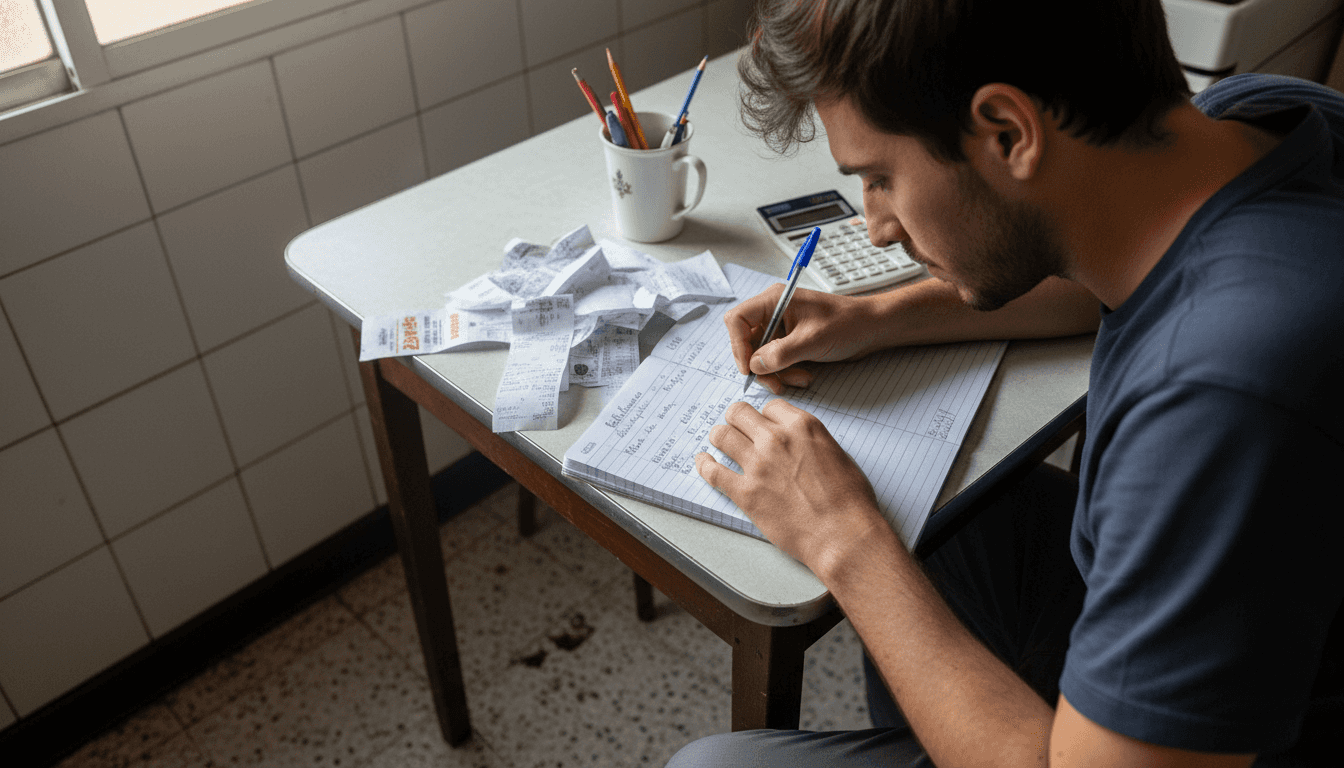 Chico revisando sus gastos para ver cuánto puede ahorrar cada mes