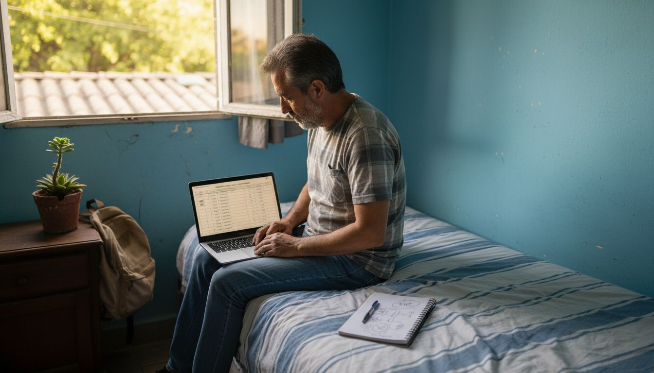 Hombre revisando sus ingresos pasivos cómodamente desde su habitación