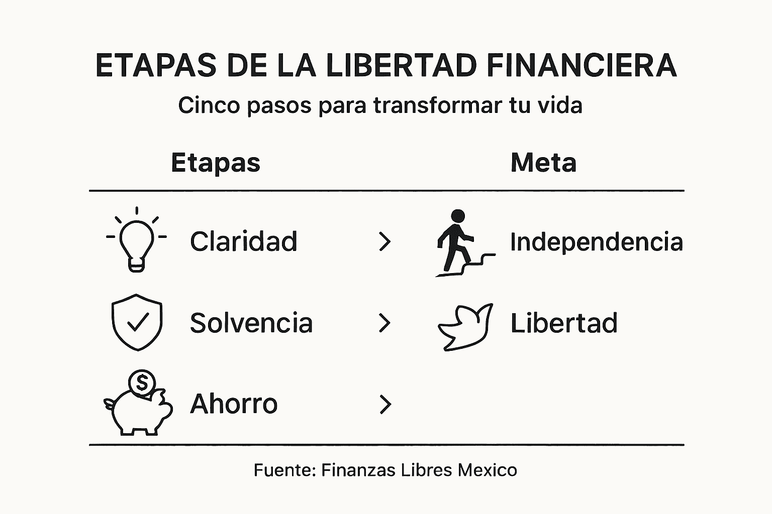 Infografía que ilustra las diferentes fases para alcanzar la libertad financiera