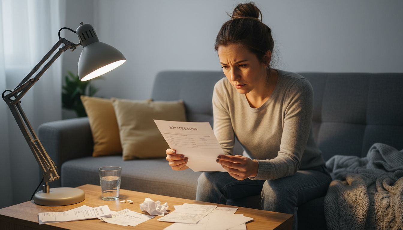 Una mujer revisa sus facturas con gesto de preocupación.