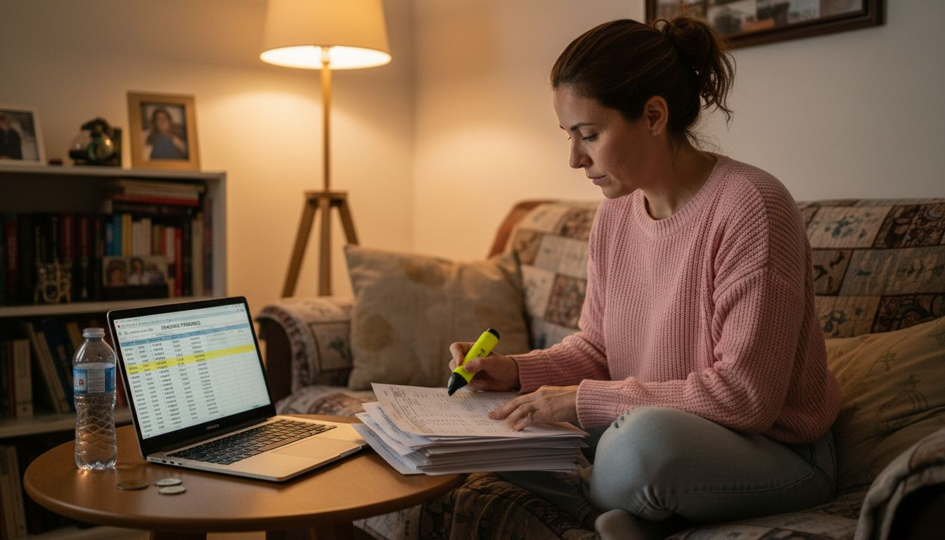 Una mujer revisa detenidamente los extractos de su tarjeta de crédito en casa.